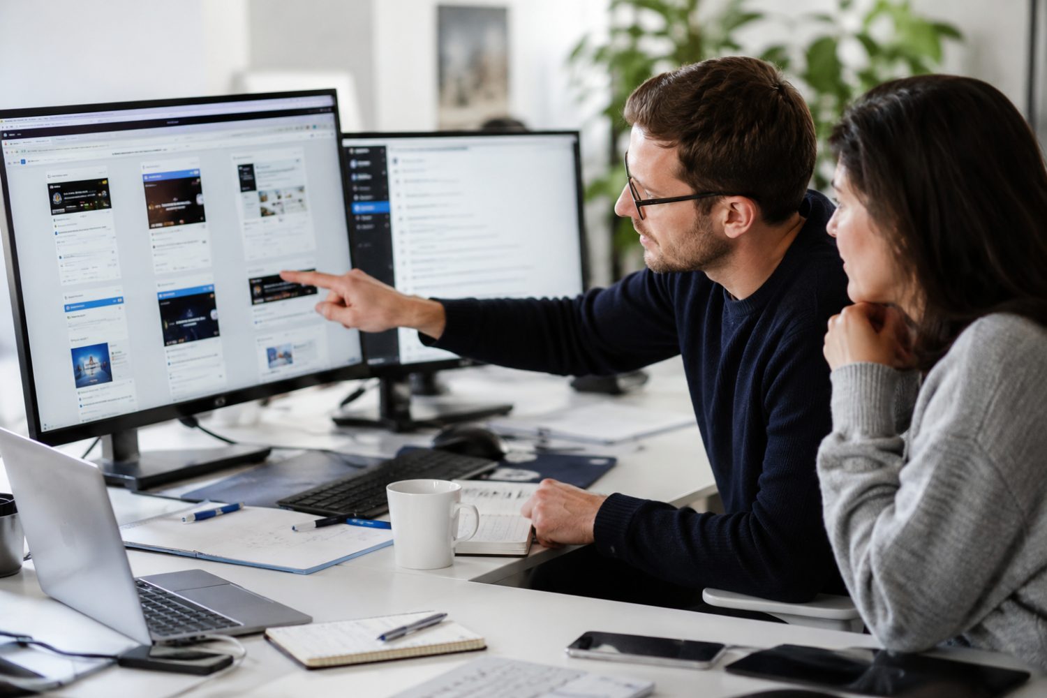 A team reviewing AI answers and content feeds on screen