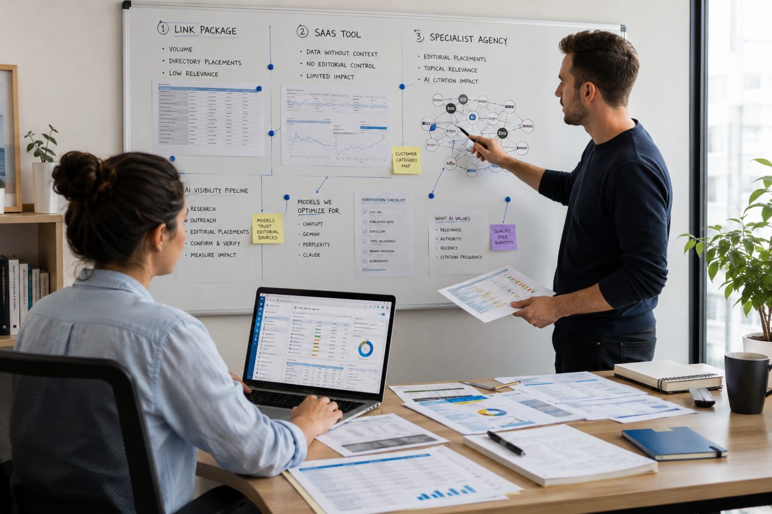 Link package vs SaaS tool vs specialist agency, compared on a whiteboard